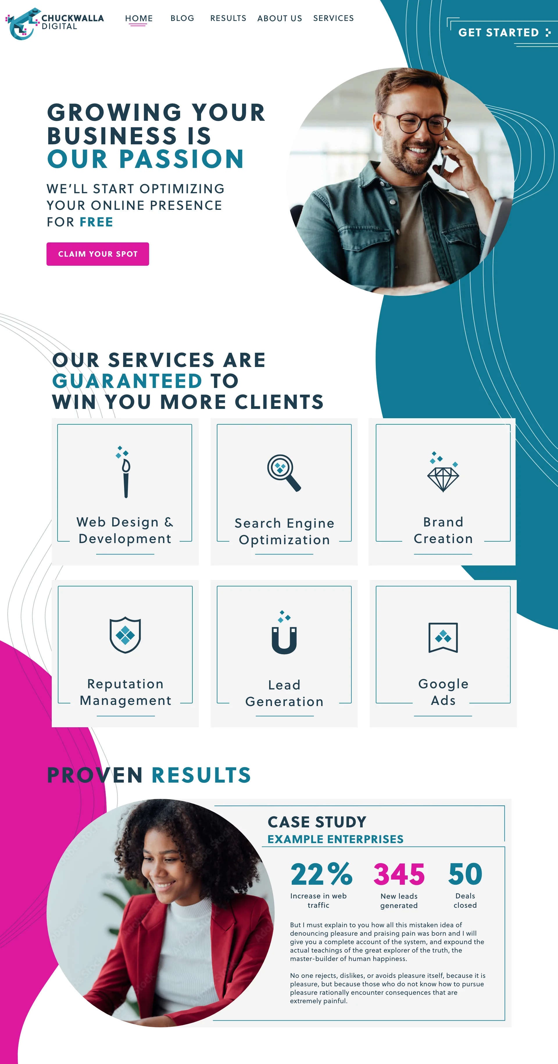 A digital marketing agency website homepage featuring a smiling man talking on the phone. The site promotes services including web design, SEO, brand creation, reputation management, lead generation, and Google Ads. The section highlights proven results with a case study showing a 22% increase in web traffic, 345 new leads, and 50 deals closed, accompanied by a photo of a woman in a red blazer.