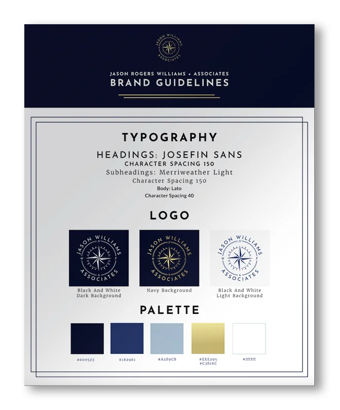 Brand guidelines document from Jason Rogers Williams Associates with typography, logo, and color palette details.