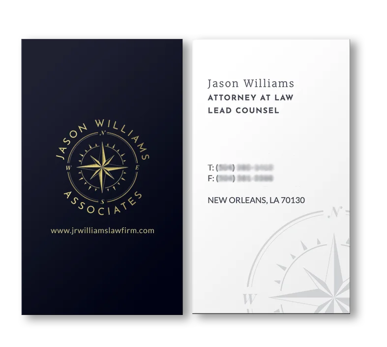 Business card for Jason Williams, attorney at law, lead counsel, with contact information and logo for J.R. Williams & Associates featuring a compass design.