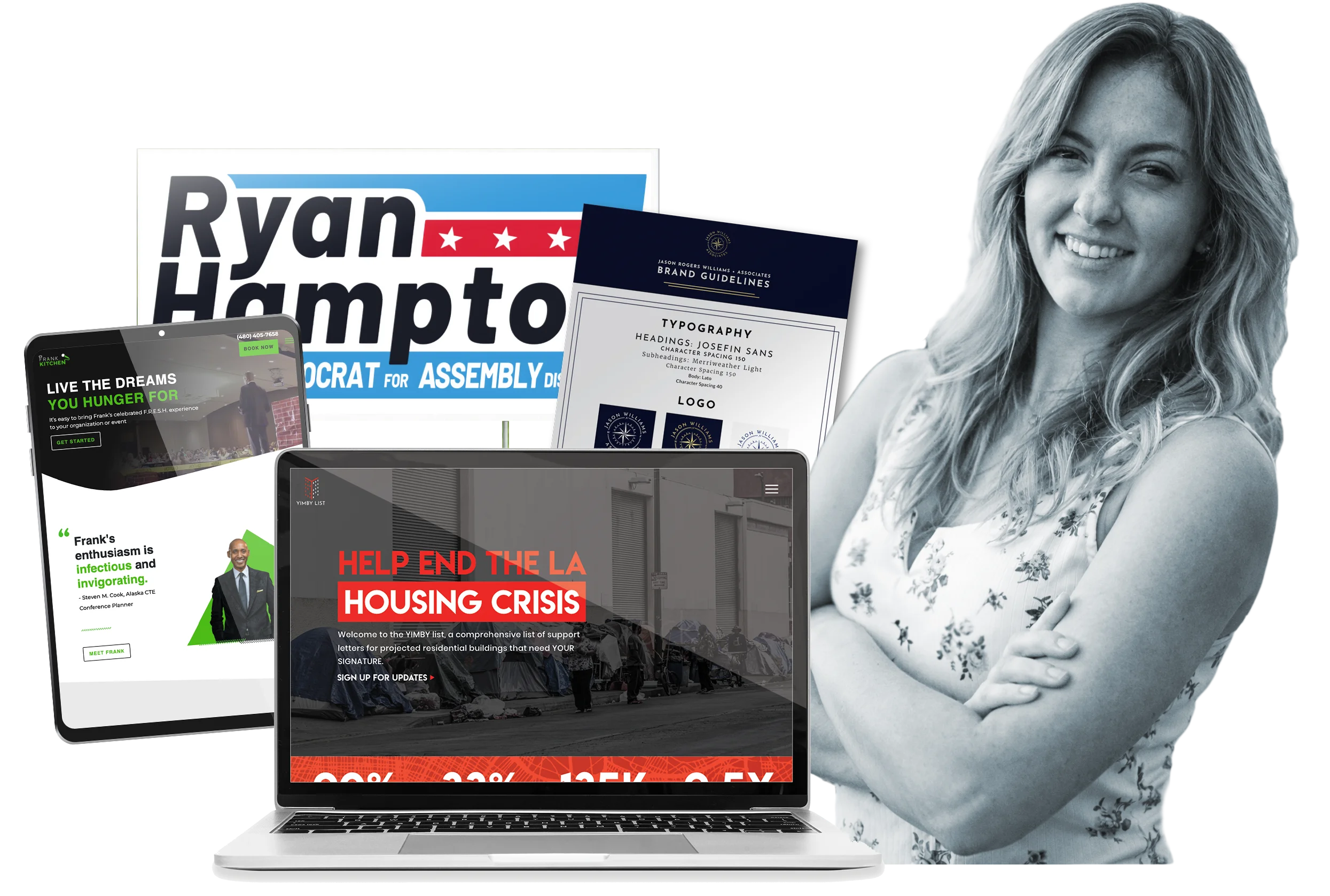 A woman with blonde wavy hair smiling and crossing her arms, with various campaign and branding materials, including a laptop displaying a housing crisis support webpage, a sewing project, campaign signs, and brand guidelines in the background.