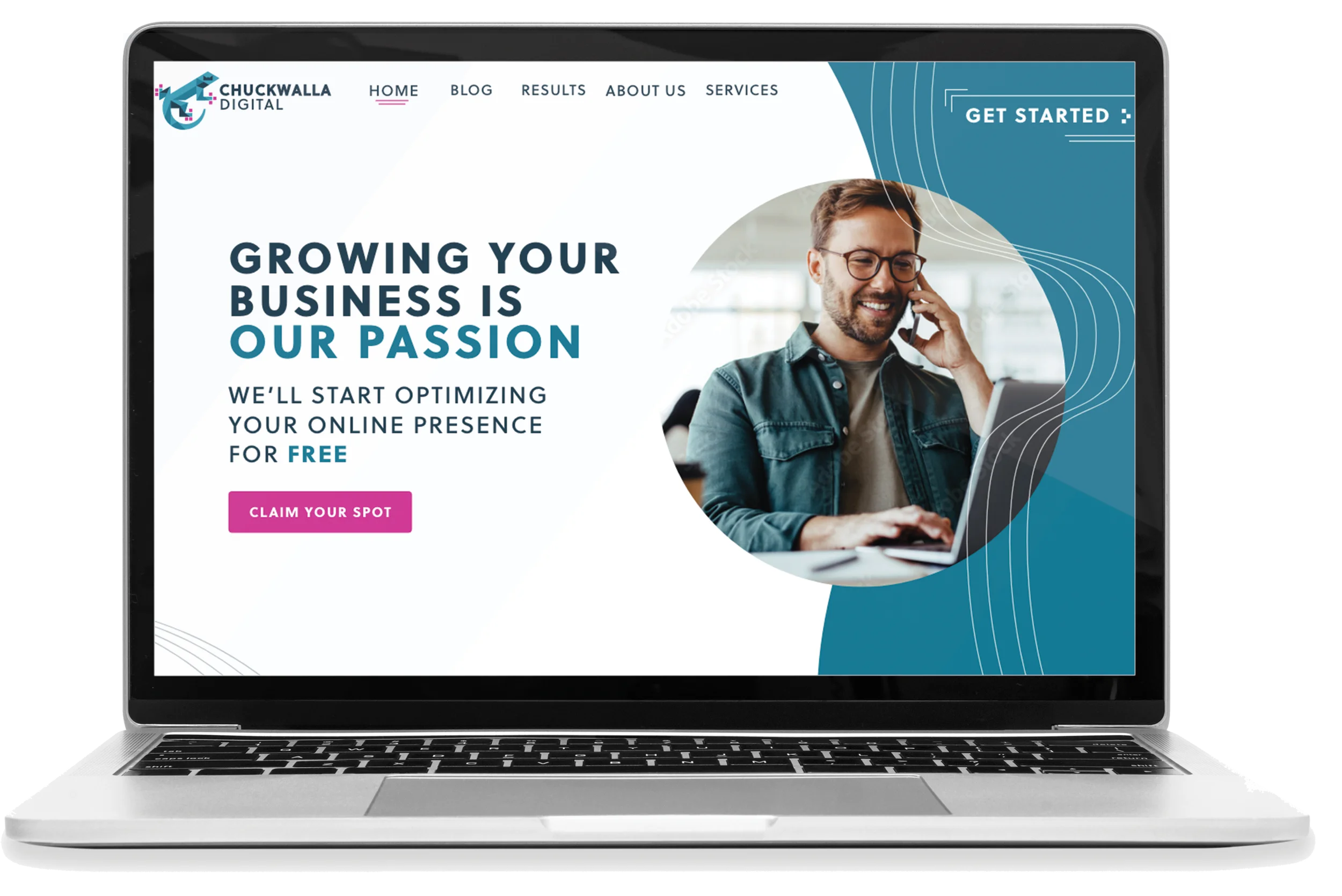 Laptop displaying a website for Chuckwalla Digital with a man talking on the phone, smiling, in a modern office setting. The page promotes online presence optimization with a call-to-action button labeled 'Claim Your Spot'.