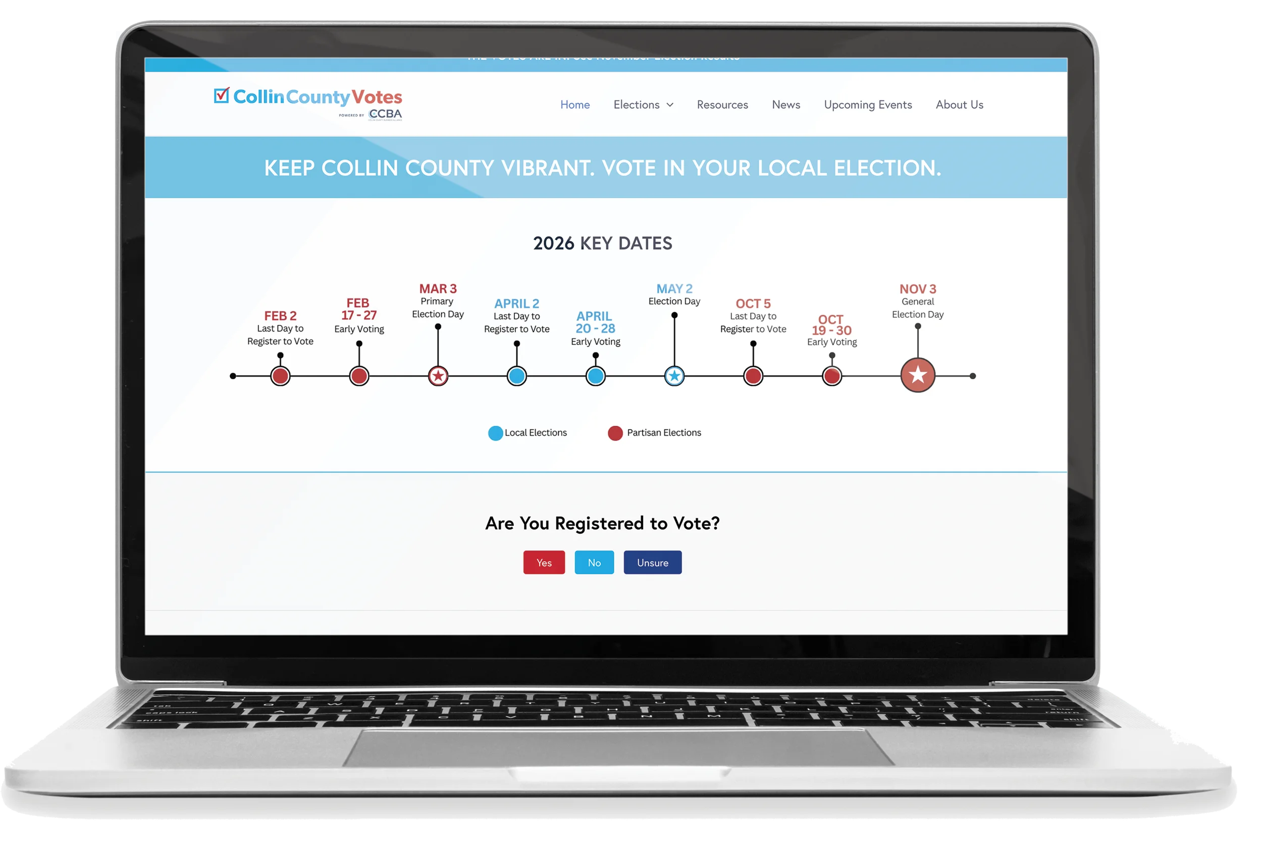 A laptop screen showing a website for Collin County Votes with key election dates for 2026, including early voting, primary, and general election days, and options to confirm voter registration status.
