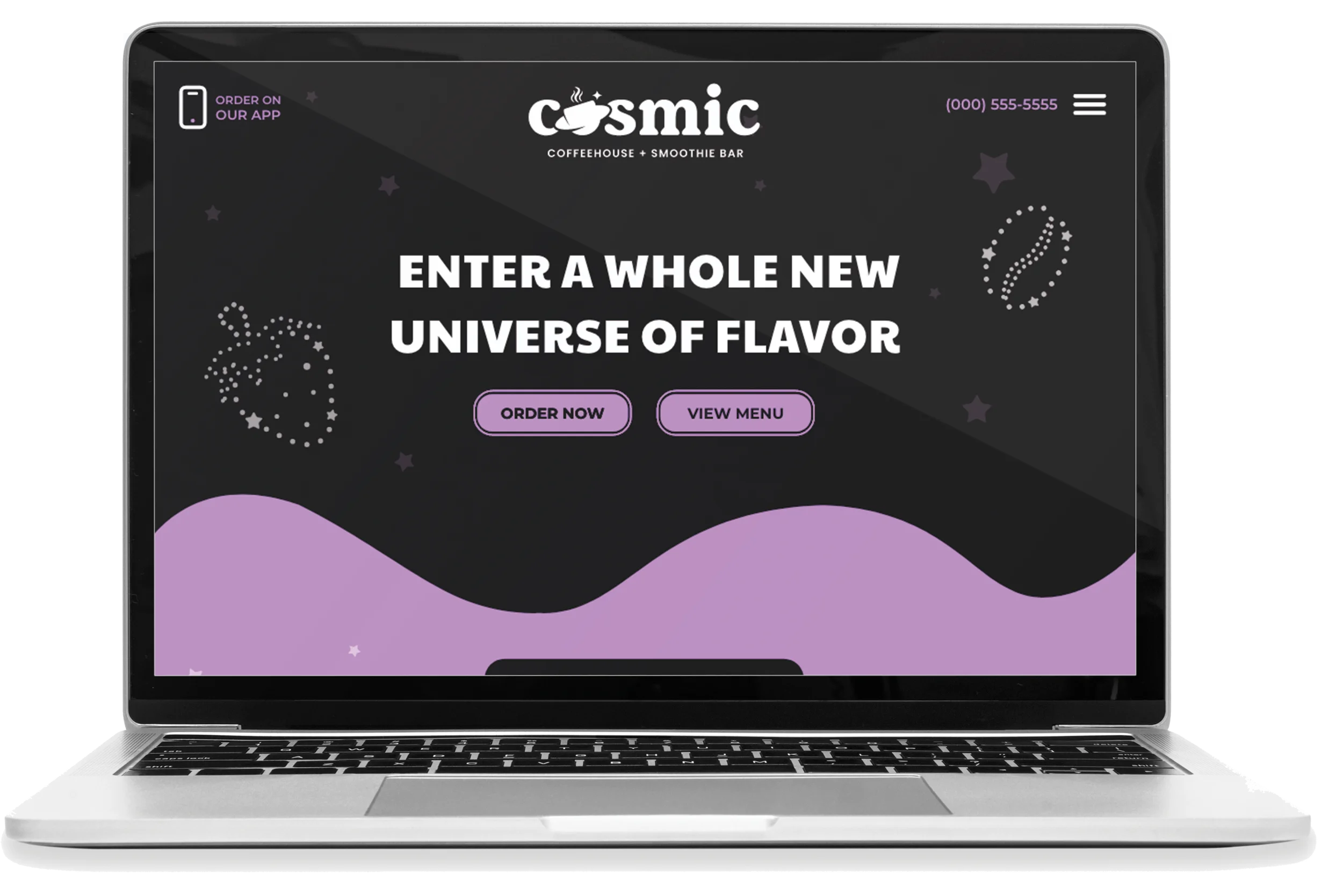 Laptop screen showing a website for Cosmic Coffeehouse + Smoothie Bar with the text "Enter a whole new universe of flavor" and buttons for 'Order Now' and 'View Menu'.