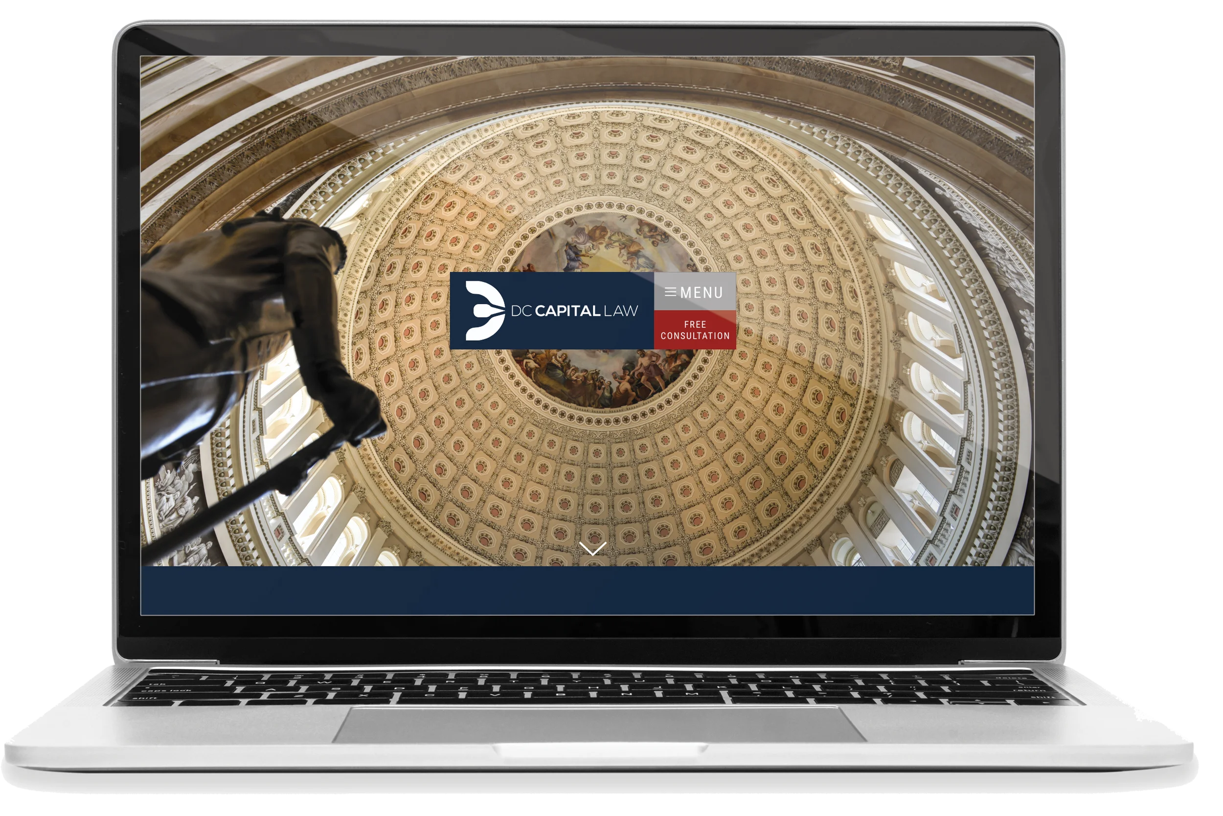 Laptop screen displaying a webpage for DC Capital Law, with an image of the interior dome of a legislative building, featuring a painted ceiling and a statue in the foreground.