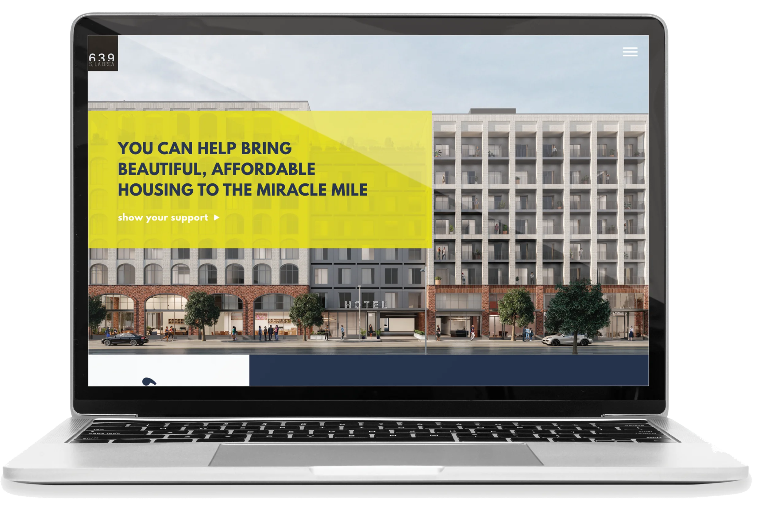 A laptop displaying a website with a background image of a modern apartment building on a city street, featuring a hotel entrance and trees.